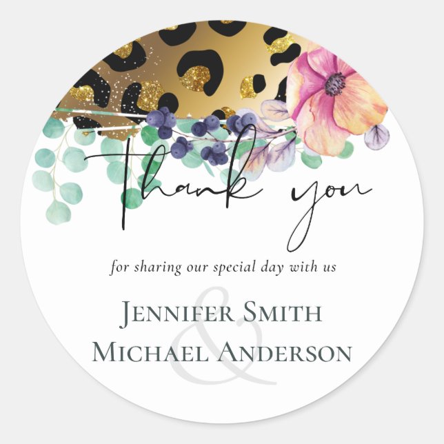 Bling Girly Glam Leopard Print Pink Gold Wedding Classic Round Sticker (Front)