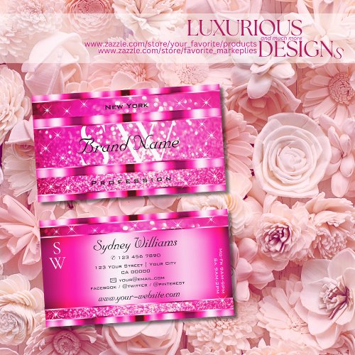 Bling Glam Girly Pink Glitter Spark Stars Monogram Business Card