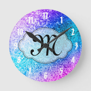 Bling Glitter Girly Monogram Initial Wall Clock