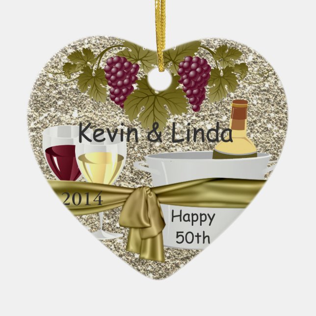 BLING GOLD 50th ANNIVERSARY GIFT WINE ORNAMENT (Front)