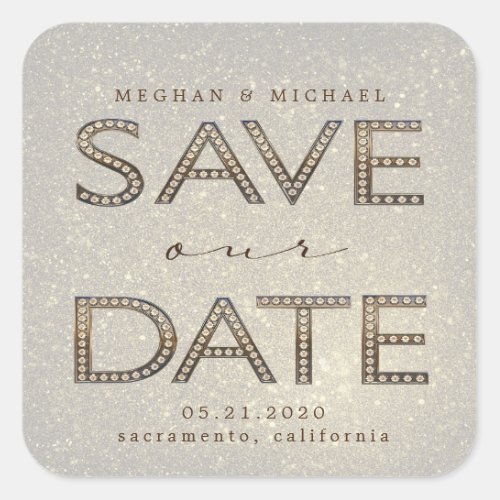 bling gold letters save our date monogram square sticker