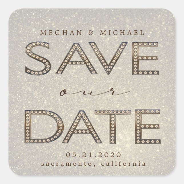 bling gold letters save our date monogram square sticker (Front)