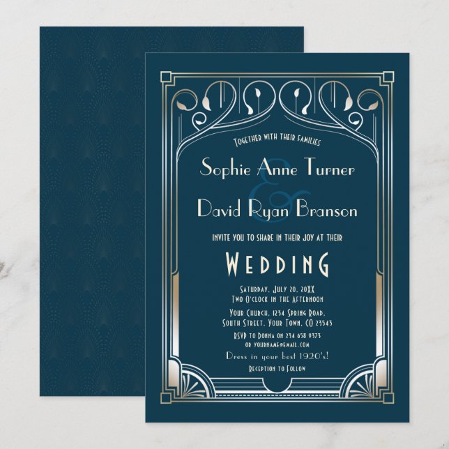 Bling Great Gatsby Gold Blue Art Deco Wedding Invitation (Front/Back)