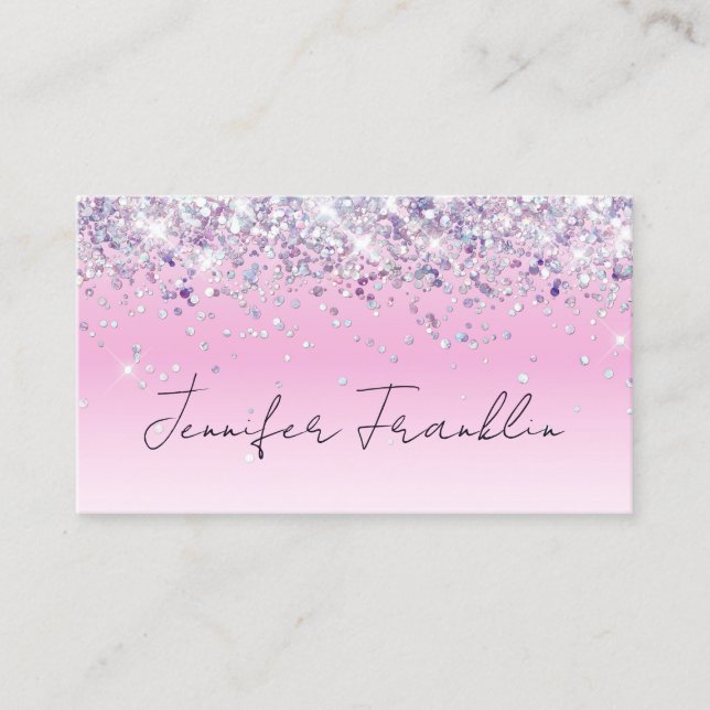 Bling Holographic Glitter MakeupArtist Script Pink Business Card (Front)