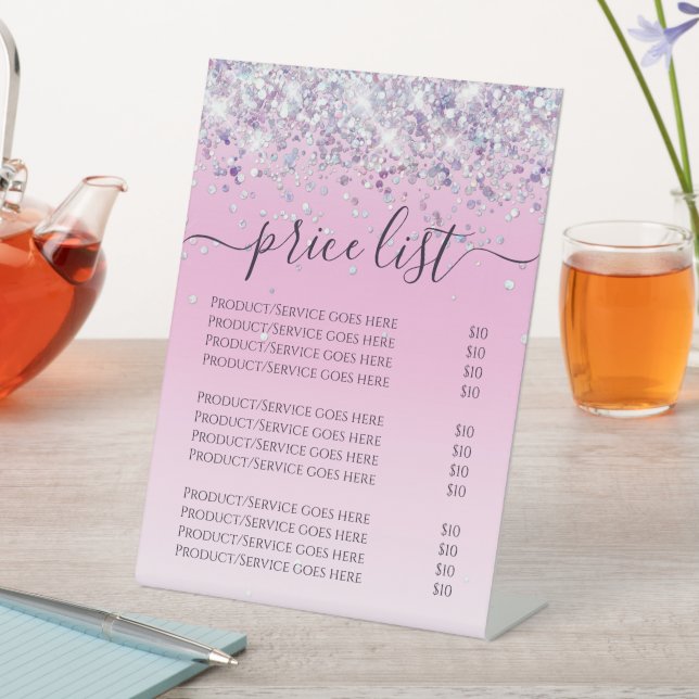 Bling Holographic Glitter Price List Script Pink Pedestal Sign (In SItu)