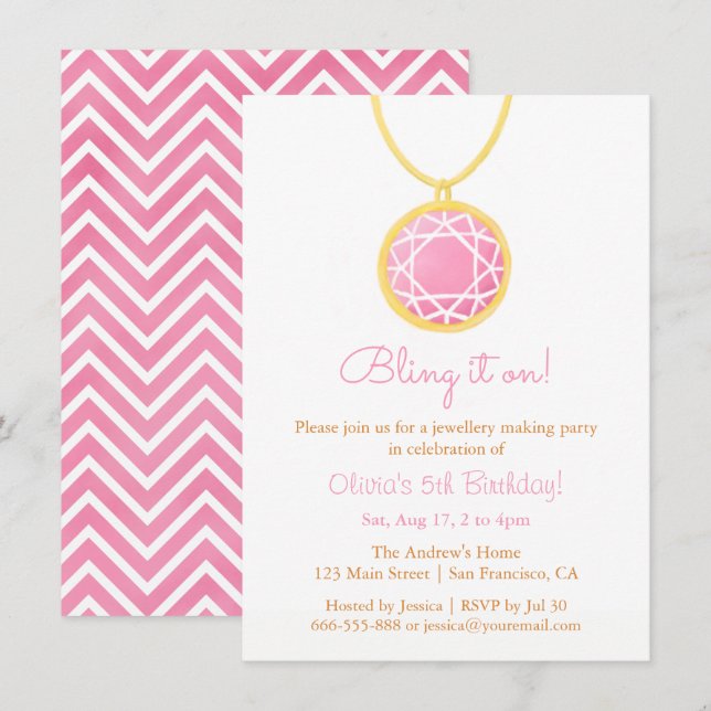 Bling It On Jewellery Making Girls Birthday Party Invitation (Front/Back)