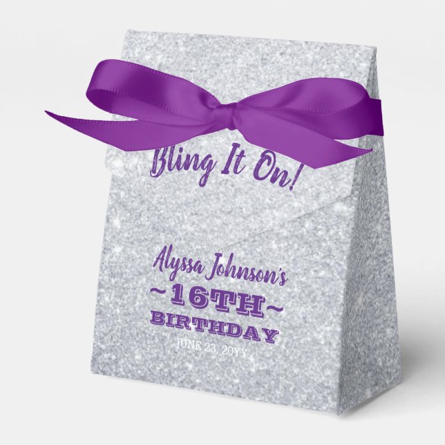 Bling it On Silver Sparkles Purple Sweet 16 Favor Boxes (Front Side)