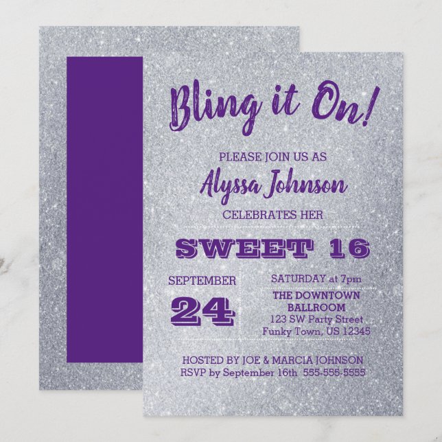 Bling it On Silver Sparkles Purple Sweet 16 Invitation (Front/Back)