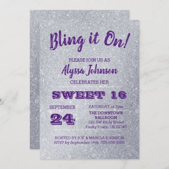 Bling It On Silver Sparkles Purple Sweet 16 Invitation by VisionsandVerses at Zazzle