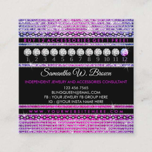 Bling Jewelry Glitz Glam Luxury Diamond Square Business Card (Front)