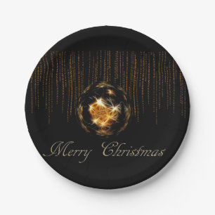 Bling Merry Christmas Black and Gold Paper Plates