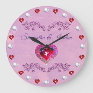 Bling Pink Heart & Cherub Personalized Large Clock