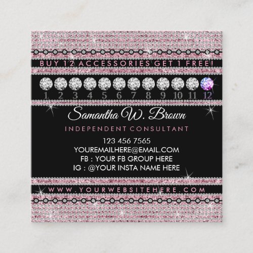 Bling Pink Jewelry Diamond Punch Loyalty Square Business Card