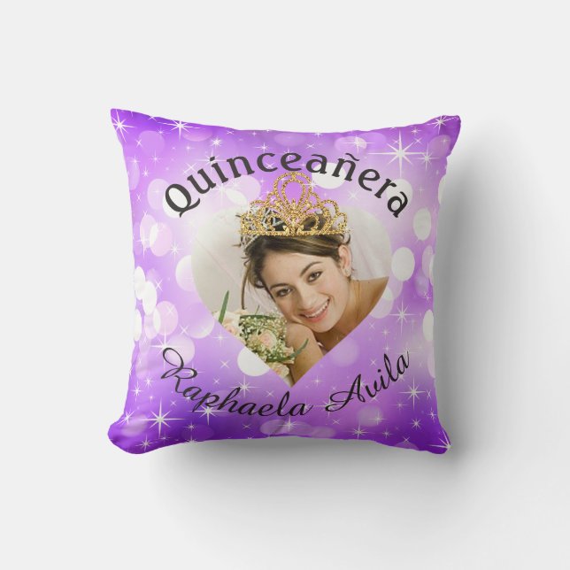 Bling Quinceanera Photo Heart Cutout Keepsake Throw Pillow (Front)