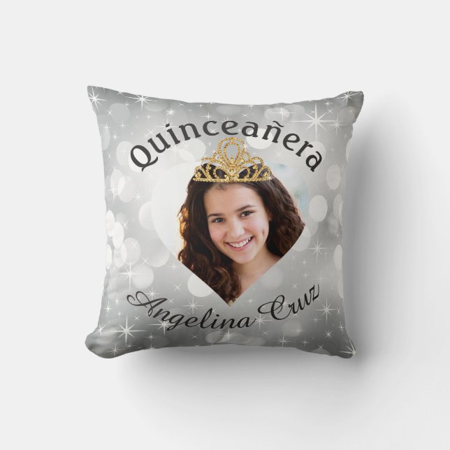Bling Quinceanera Photo Heart Cutout Keepsake Throw Pillow (Front)