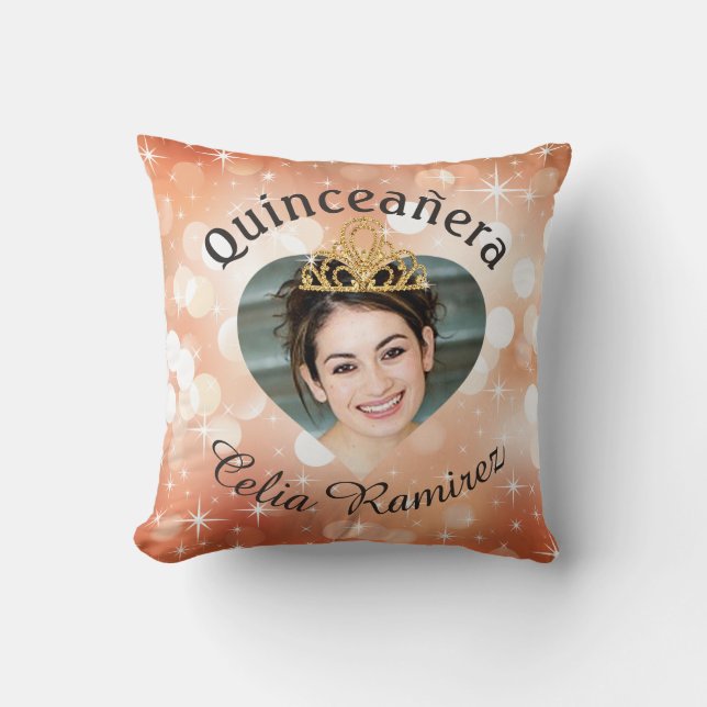 Bling Quinceanera Photo Heart Cutout Keepsake Throw Pillow (Front)