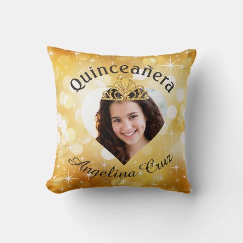 Bling Quinceanera Photo Heart Cutout Keepsake Throw Pillow