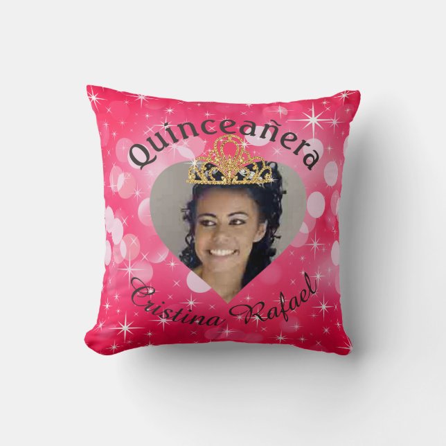 Bling Quinceanera Photo Heart Cutout Keepsake Throw Pillow (Front)