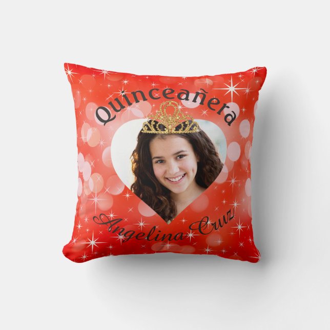 Bling Quinceanera Photo Heart Cutout Keepsake Throw Pillow (Front)
