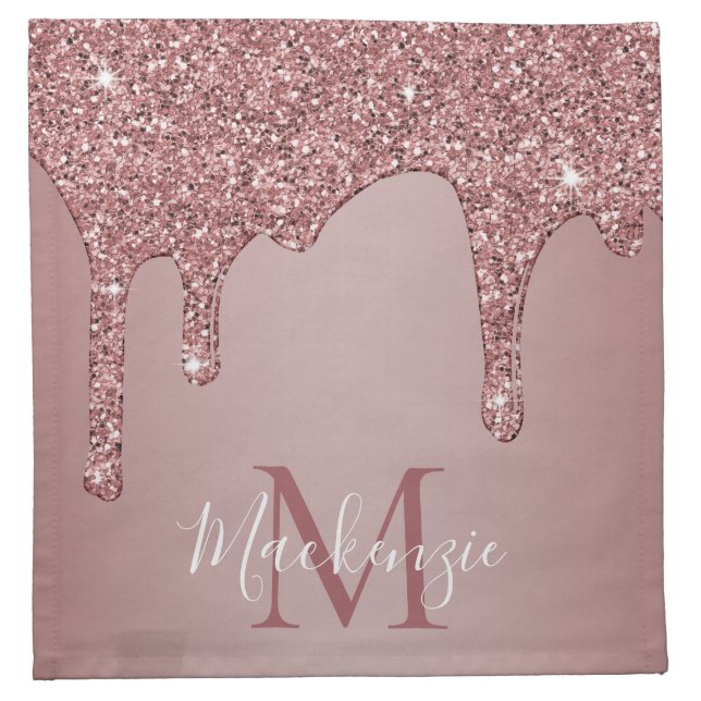Bling Rose Gold Dripping Glitter Monogram Cloth Napkin (Front)
