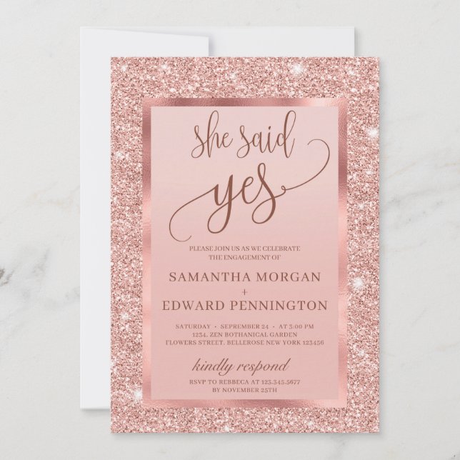 Bling rose gold engagement party she said yes invitation (Front)