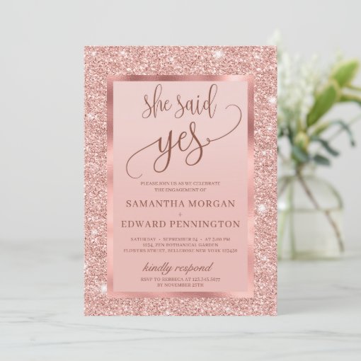 Bling rose gold engagement party she said yes invitation Zazzle