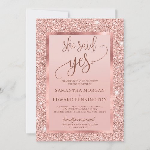 Bling rose gold engagement party she said yes invitation