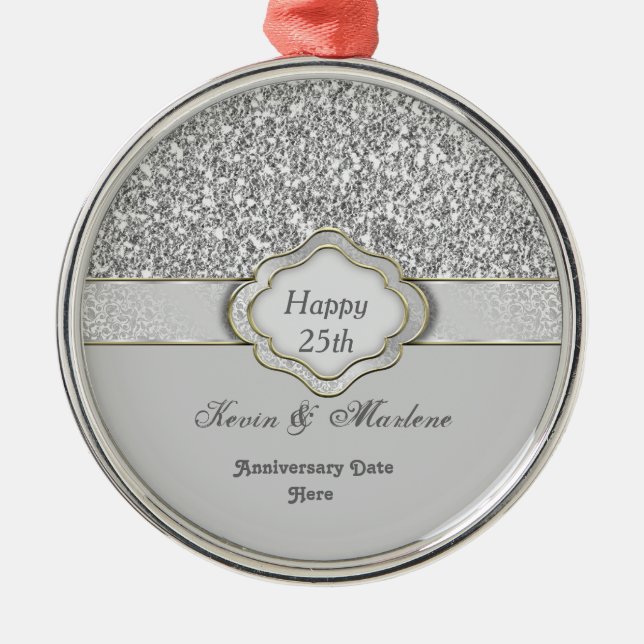 BLING Silver CUSTOM 25th ANNIVERSARY GIFT ORNAMENT (Front)