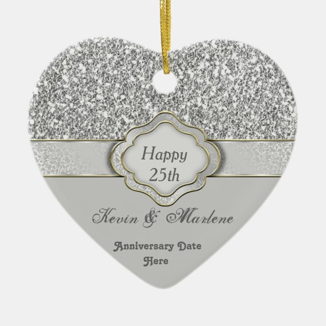 BLING Silver CUSTOM 25th ANNIVERSARY GIFT ORNAMENT (Front)
