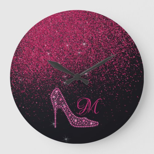 Bling Sparkle Diamond Glitter High Heels Pink Large Clock