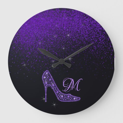 Bling Sparkle Diamond Glitter High Heels Purple Large Clock