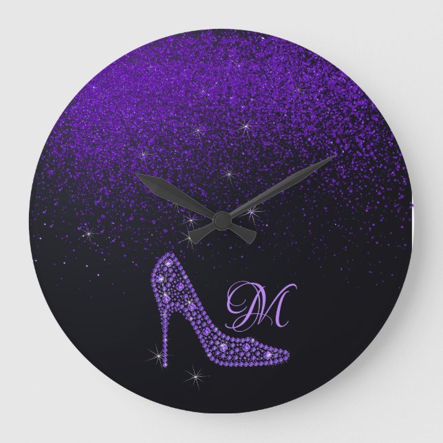 Bling Sparkle Diamond Glitter High Heels Purple Large Clock (Front)