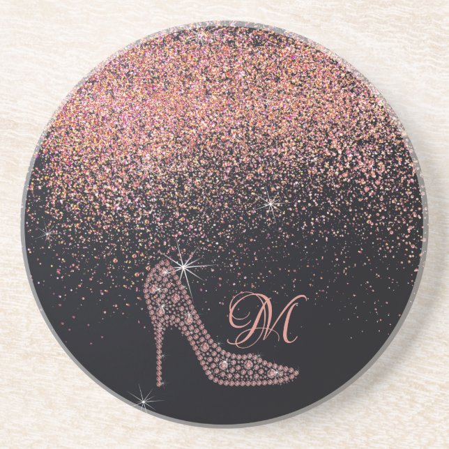 Bling Sparkle Diamond Glitter High Heels Rose Gold Coaster (Front)