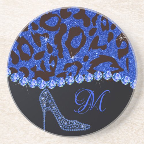 Bling Sparkle Diamond Glitter Leopard Blue Coaster