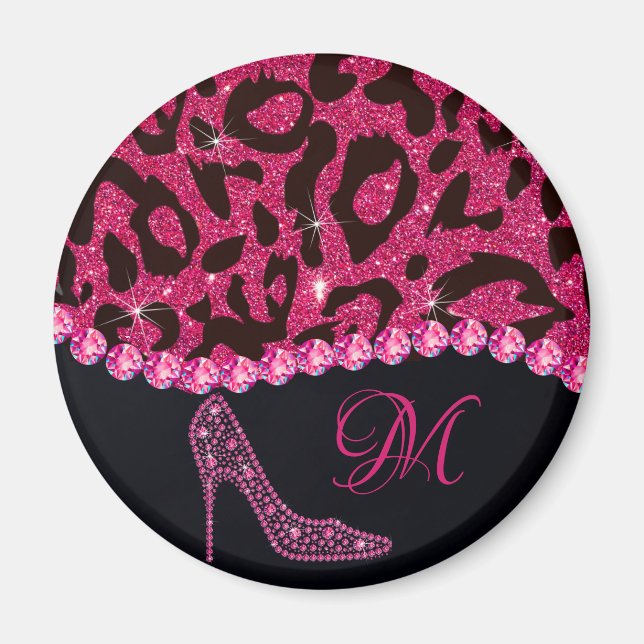 Bling Sparkle Diamond Glitter Leopard Pink Magnet (Front)