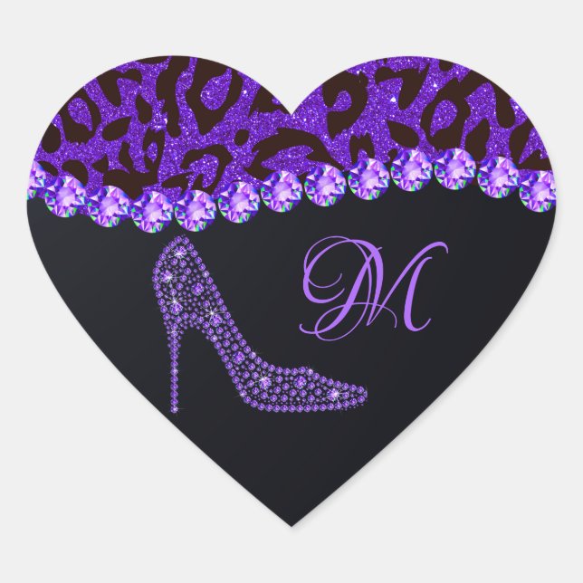 Bling Sparkle Diamond Glitter Leopard Purple Heart Sticker (Front)