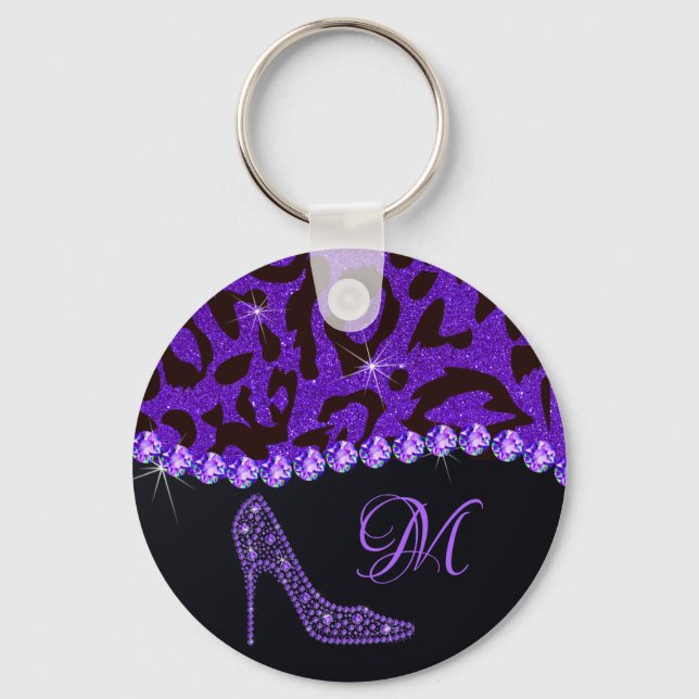 Bling Sparkle Diamond Glitter Leopard Purple Keychain (Front)