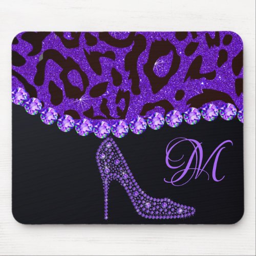 Bling Sparkle Diamond Glitter Leopard Purple Mouse Pad