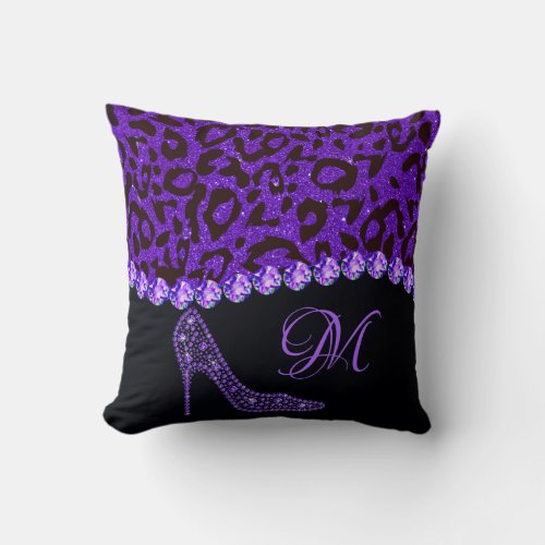 Bling Sparkle Diamond Glitter Leopard Purple Throw Pillow