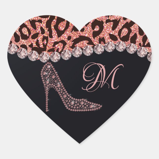 Bling Sparkle Diamond Glitter Leopard Rose Gold Heart Sticker (Front)