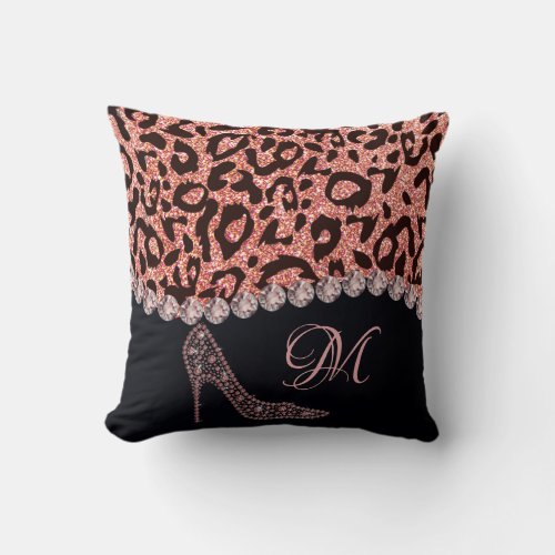 Bling Sparkle Diamond Glitter Leopard Rose Gold Throw Pillow