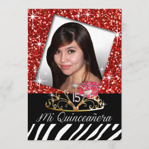 Bling Tiara Zebra Quinceañera 15th Birthday   red Invitation