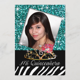 Bling Tiara Zebra Quinceañera 15th Birthday teal Invitation
