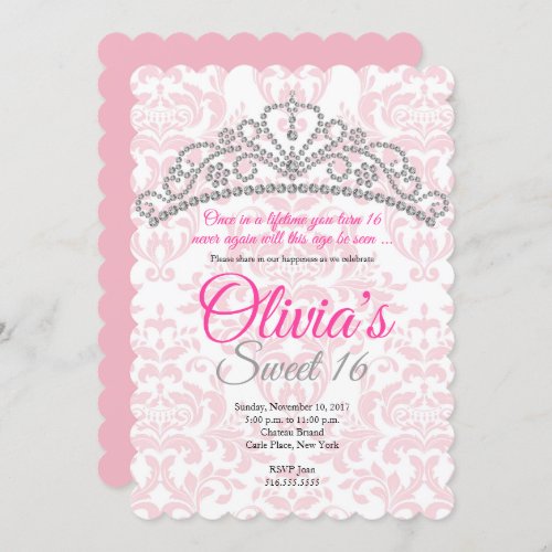 Bling Tiera Pink Damask Sweet 16 Invitation