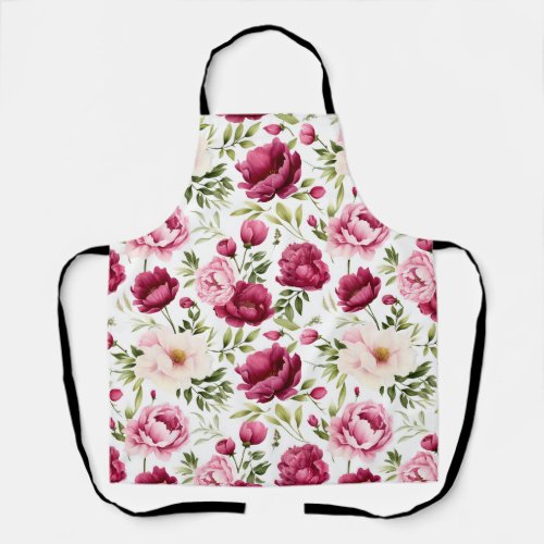 Blissful Blooms Pink and Burgundy Peonies Flowers Apron