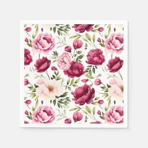 Blissful Blooms Pink and Burgundy Peonies Flowers Napkins
