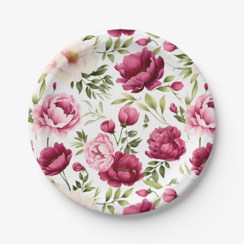 Blissful Blooms Pink and Burgundy Peonies Flowers Paper Plates