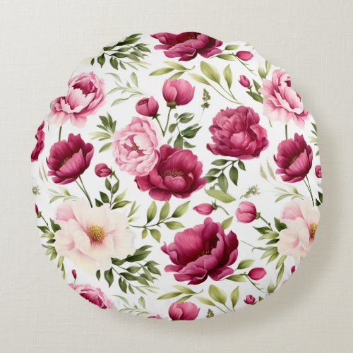 Blissful Blooms Pink and Burgundy Peonies Flowers Round Pillow