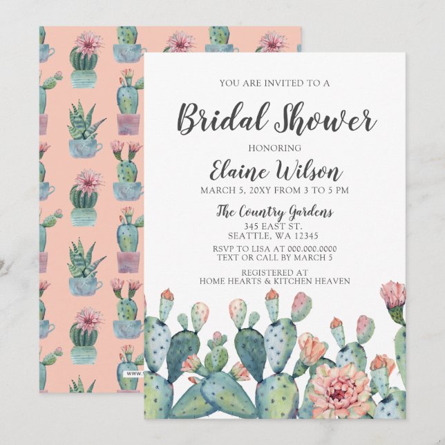 Blissful Blush Cactus Wedding Bridal Shower Invitation (Front/Back)