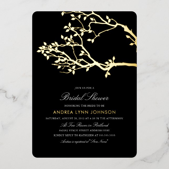 Blissful Branches Bridal Shower Gold  Foil Invitat Foil Invitation (Front)